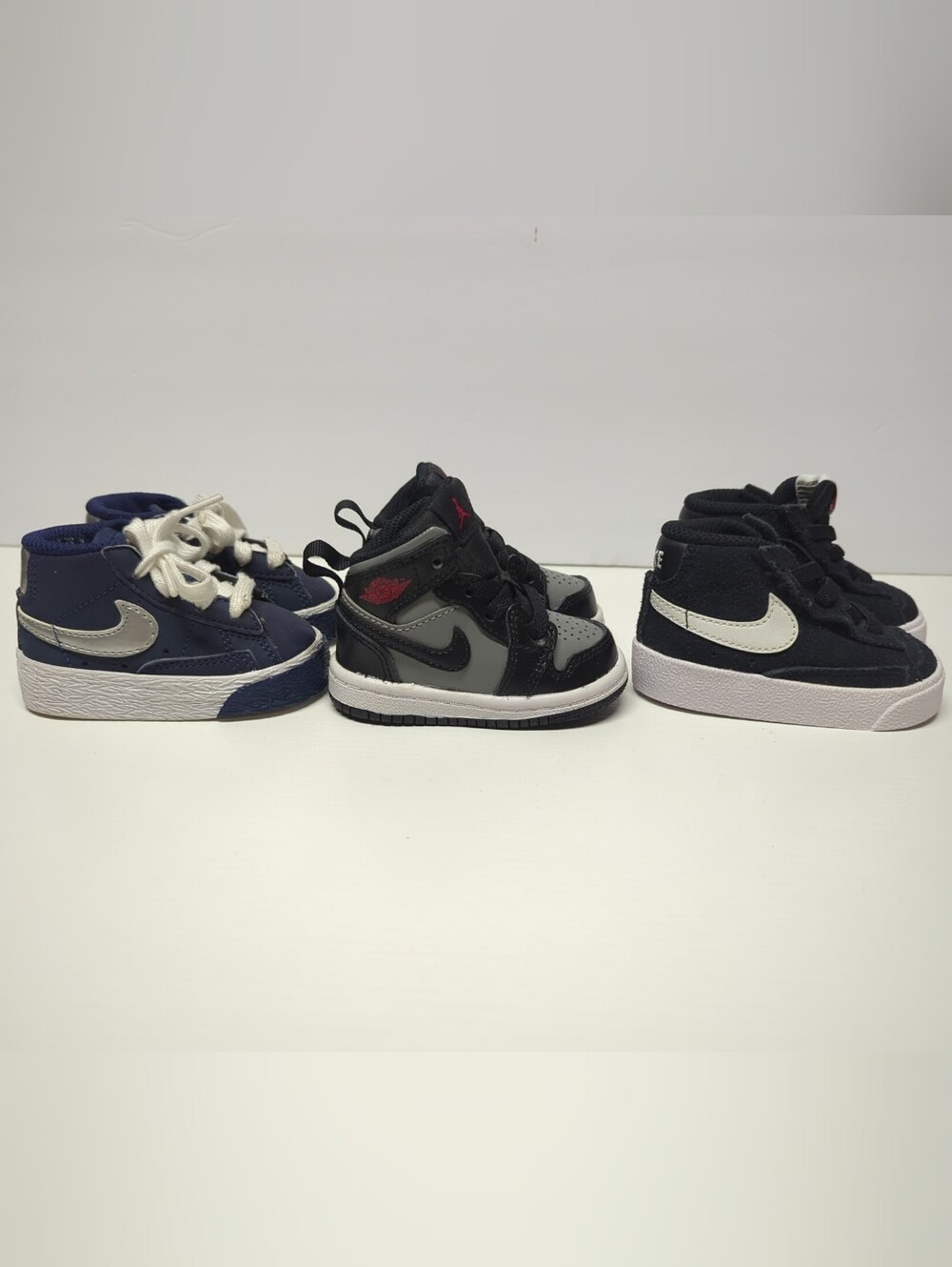 3 Baby Shoes Air Jordan 1 Mid & 2 Nike Blazer Mid '77 Black Suede Navy Blue 2C